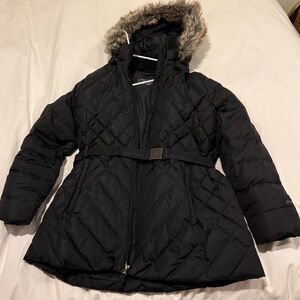 Eddie Bauer Black Quilte Coat with Belt and Fur Hood XL Petite